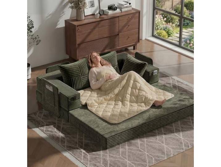 Fabulcozy 4-in-1 Schlafsofa 3-Sitzer mit Aufbewahrungs-Armlehnen, 2-in-1 Kissen-Decke Inklusive, Boneless in Cordvelours, Metallrahmen, Waschbarer Bezug, für Wohnzimmer & Schlafzimmer(Hellgrün)