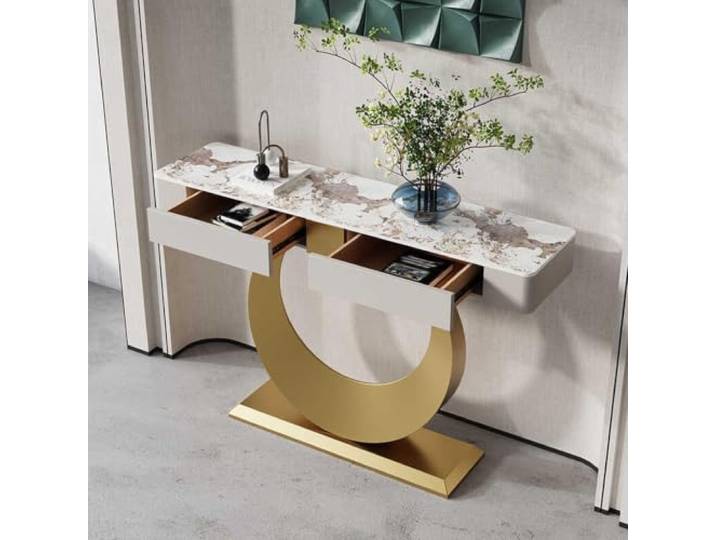 Moderner Konsolentisch mit Schubladen, Luxus Flurtisch mit Halbmond-Gestell Zeitgemäßer Sofatisch in Marmor-Optik und Schmaler Eingangstisch für Wohnzimmer und Diele(Gold 1,L120cm/47.2'')