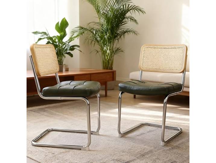 VILUXE Esszimmerstuhl Set 2 Kunstleder Rattan Rückenlehne Chrombeine Grün Moderner Esszimmerstuhl, Kunstlederbezug, Rattan Rückenlehne, Chromgestell, Küche, Esszimmer und Wohnzimmer