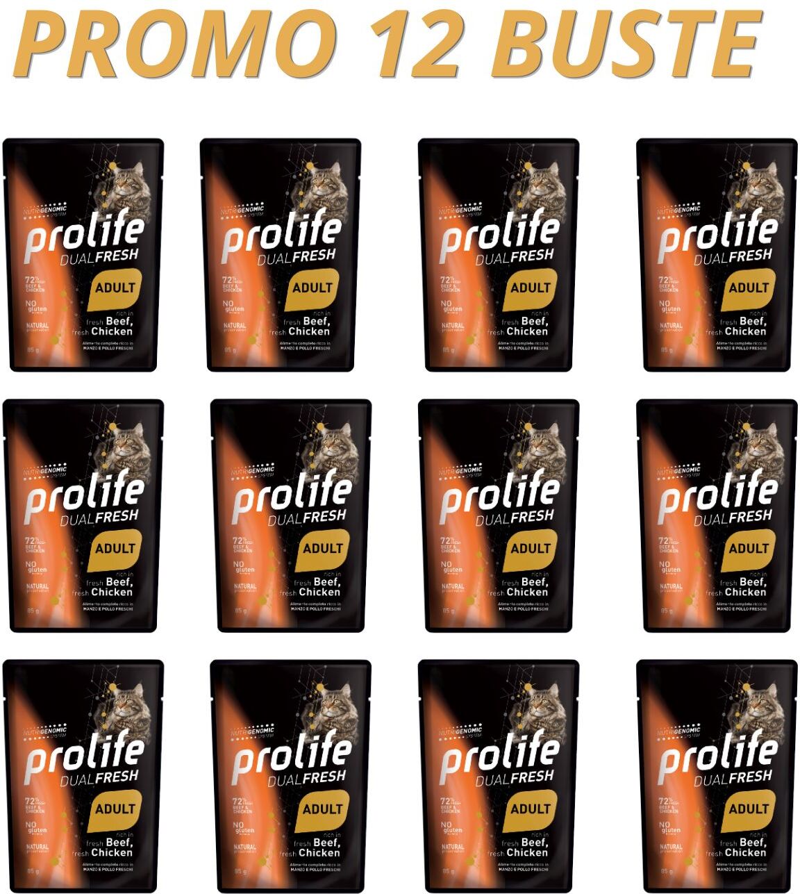 Prolife® 12 x 85 g Prolife Cat Dual Fresh Adult Manzo e Pollo Umido per Gatti