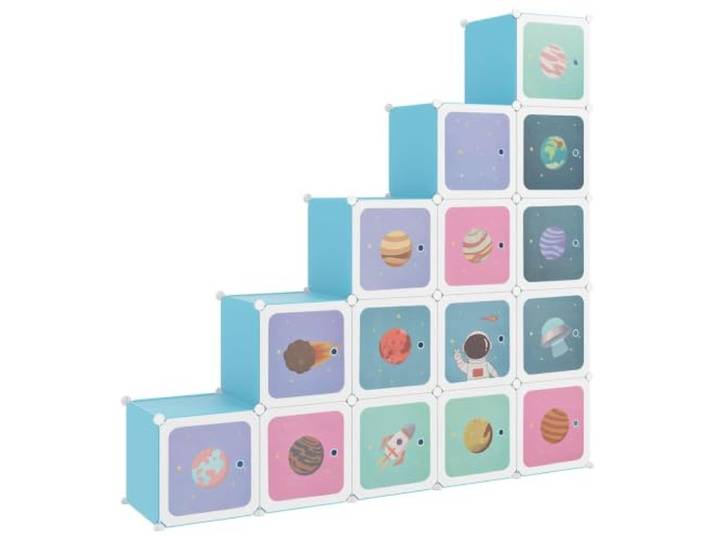 ZQQLVOO Schrank Modular mit 15 Würfeln Blau PP Aufbewahrungsregal Wasserfest, pflegeleicht, Stahlrahmen, Cartoon-Muster, platzsparend stapelbar, 10 kg pro Würfel