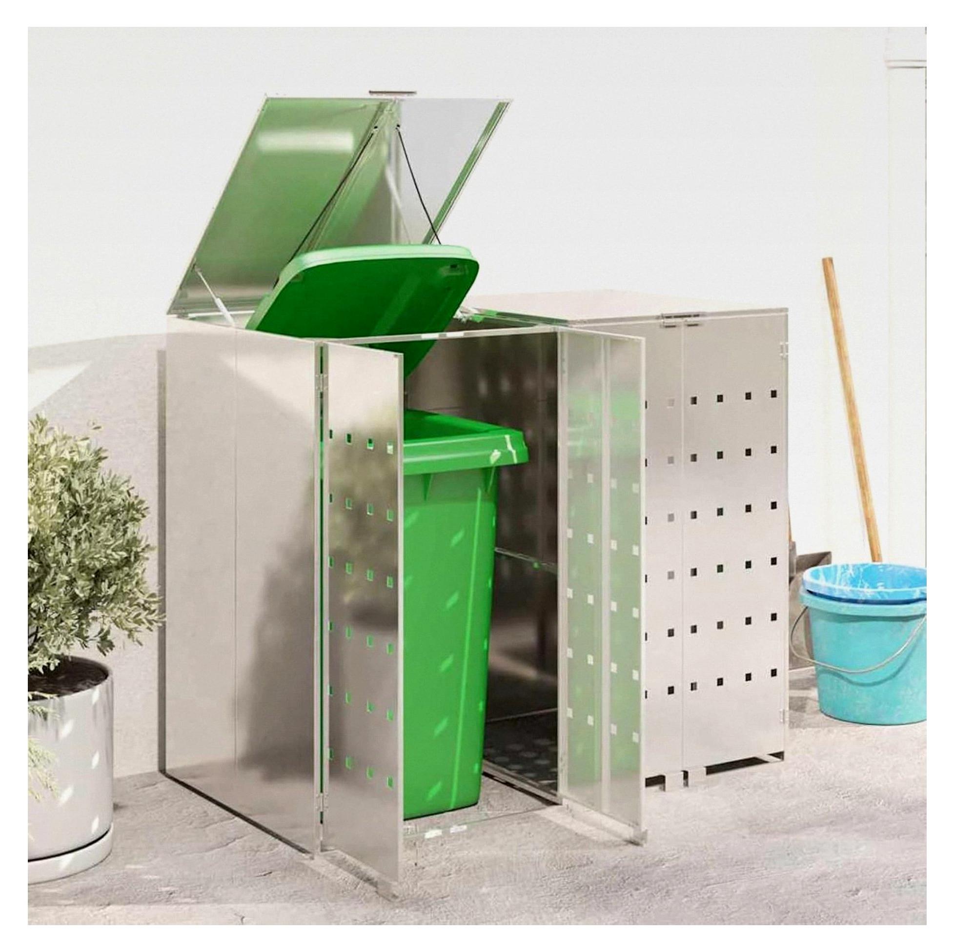 Müllbehälter für 2 Tonnen Silber 136 x 77,5 x 115,5 cm, Mülltonnenbox für Garten, wetterfest für Reihenhäuser, Mehrfamilienhäuser und Gewerbeflächen