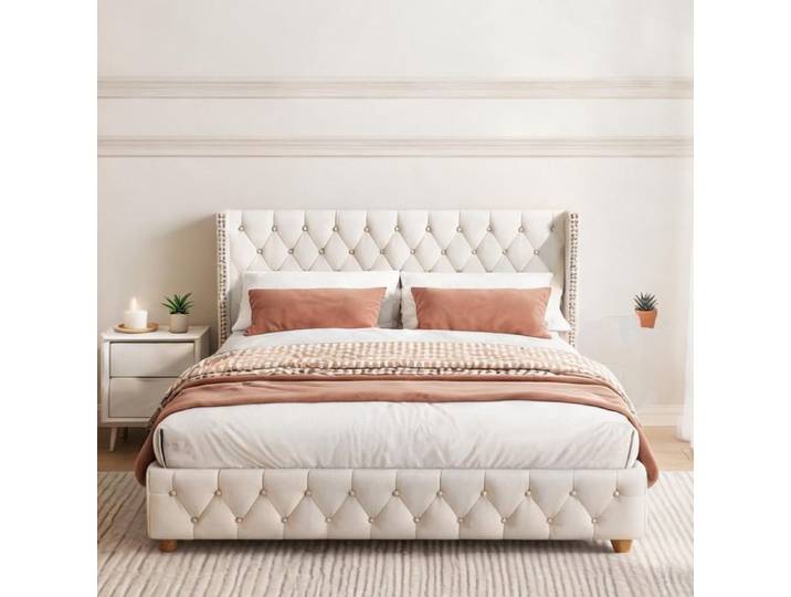 Beds and Frames and with Beige Linen and 76.8 x 55.5 x 42.5 in sommier lattes inclus