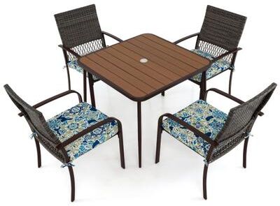 Costway 5 Pieces Patio Dining Set 4 Cushioned Rattan Armchairs and Square Table
