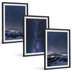 BILDER SET 3er Set - 40x60 cm Schwarzer Rahmen - Nachthimmel, Berge, Sterne