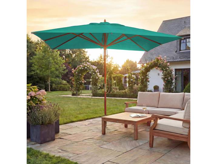Gastronomie Holz-Sonnenschirm HWC-C57, Gartenschirm, Polyester/Holz 14kg, eckig 3x3m Seilzug stoßsicher blau-grün