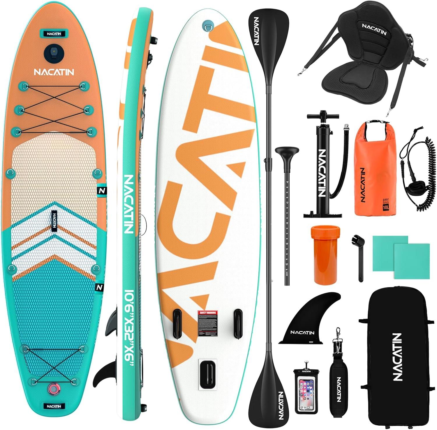 Aufblasbares SUP-Board (Stand-Up-Paddleboard) in der Größe 10'6 Zoll, tragbar und mit Handpumpe, geeignet für verschiedene Wassersportarten