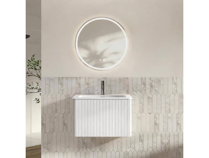 Ensemble Meubles Salle de Bain Simple Vasque 60cm + Rond Miroir Lumineux 60cm Blanc
