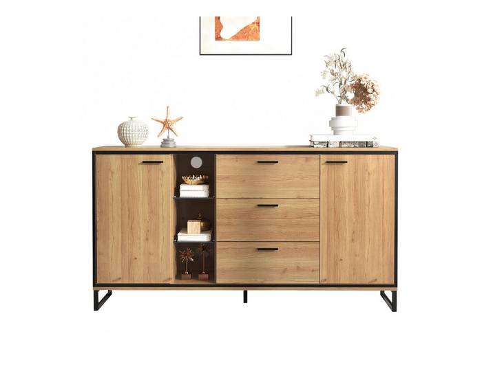 Merax Sideboard mit LED-Beleuchtung und Glasablagen, (1 St), Kommode Holz mit großem Stauraum und verstellbare Einlegeböden