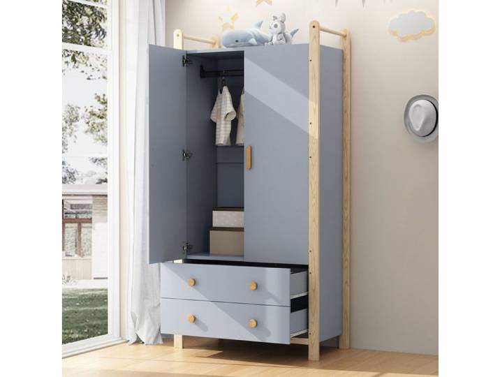 JOINERY armoire chambre rangement 2 portes 2 tiroirs meuble compact 89 6 x 44 x 180 5 cm bleu pin avec tringle vêtements