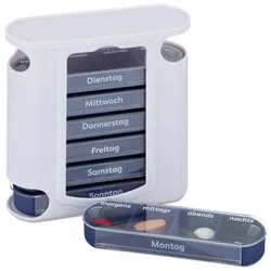 Relaxdays Pillendose 7 Tage 4 Fächer Weiß,Dunkelblau,Transparent