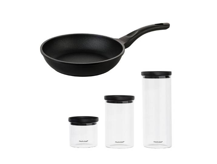 Mulex Bratpfanne TOMALIN Premium 26 cm inklusive KALMAR Meal Cubes Schwarz – aus Glas, Pfanne Aluguss (Premium Qualität, 7-tlg., Tomalinbeschichtung // Meal Cube aus Glas), Induktionsgeeignet