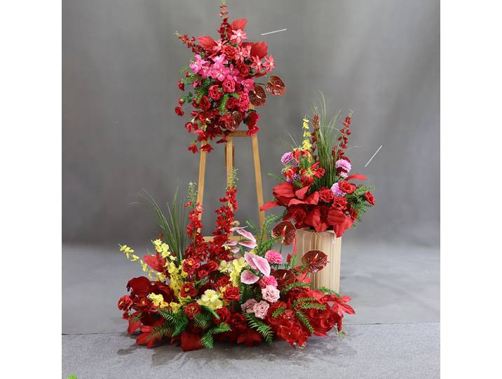 Mariage rouge simulé fleur fiançailles banquet fausse fleur arrangement de mariage rouge sol fleur décoration suspendus rouge