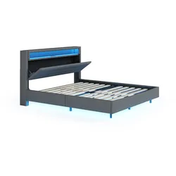 Polsterbett 160x200 cm mit LED-Beleuchtung, USB-Anschluss und klappbarem Kopfteil – modernes Schlafzimmerbett Grau