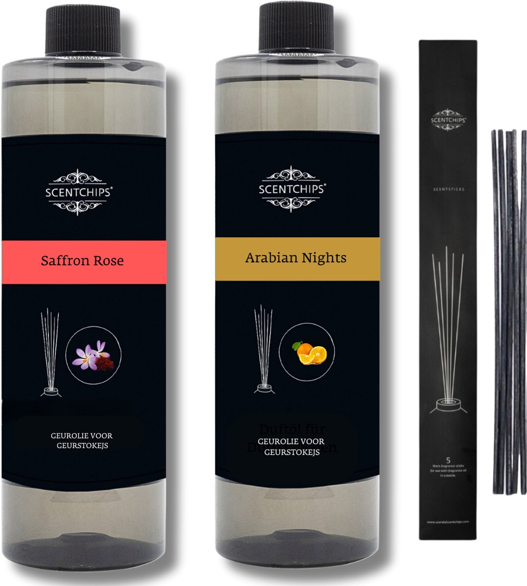 Scentchips Geurstokjes Navulling Set: Saffron Rose + Arabian Nights met 5 Geurstokjes, 2 x 400ml