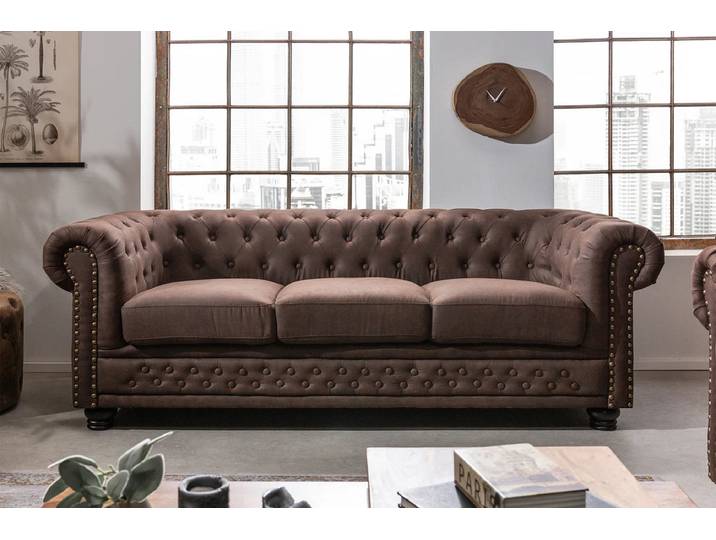 3-Sitzer Sofa „New Chesterfield“ Mikrofaser Vintage Braun Invicta Interiors