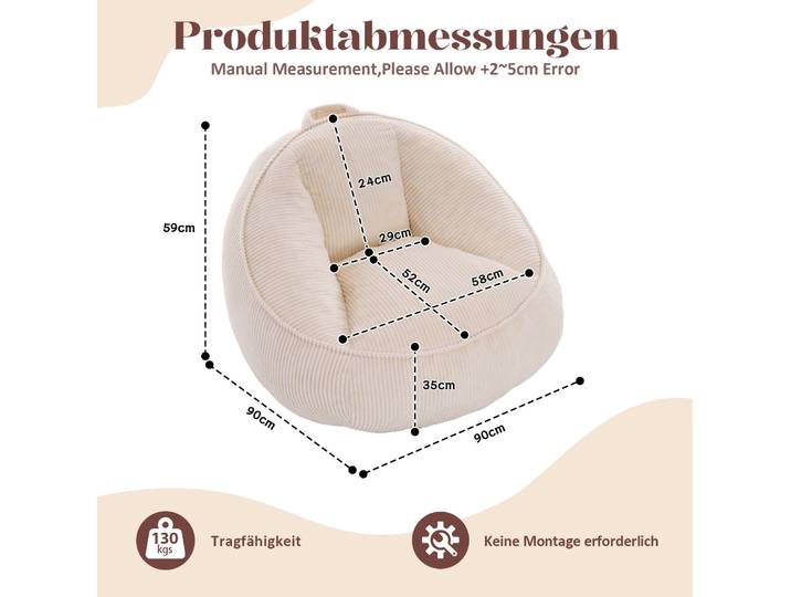 Fauteuil Poire 90x90x59 Cm Beige\, Dossier Ergonomique\, Velours Côtelé Et Mousse Mémoire\, Meubliv