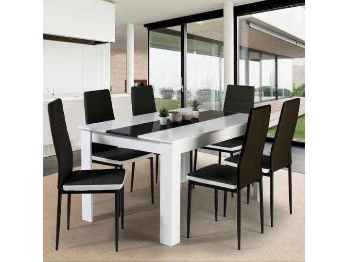 IDMARKET Ensemble table à manger GEORGIA 140 cm blanche et noire et 6 chaises ROMANE noires liseré blanc
