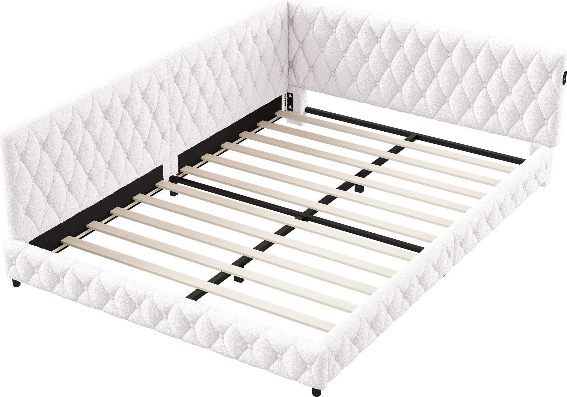 Bett 140x200 cm - Polsterbett - LED-Beleuchtung & USB - Eckbett & Schlafsofa - Lattenrost - Lammwoll-Bezug - Für Kinder & Jugendliche - ohne Matratze - Weiß
