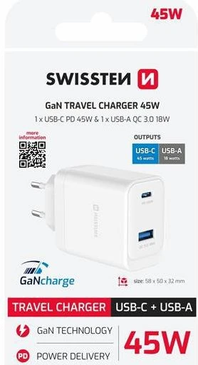 Swissten GaN 1x USB-C 45W PD + 1x USB-A 18W QC Weiß