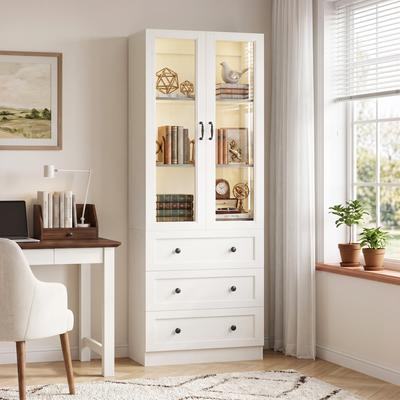 Rackcog "80"" Tall Display Bookcase with Wood Drawers and Glass Door, Kitchen Pantry Storage Cabinet with LED Light"