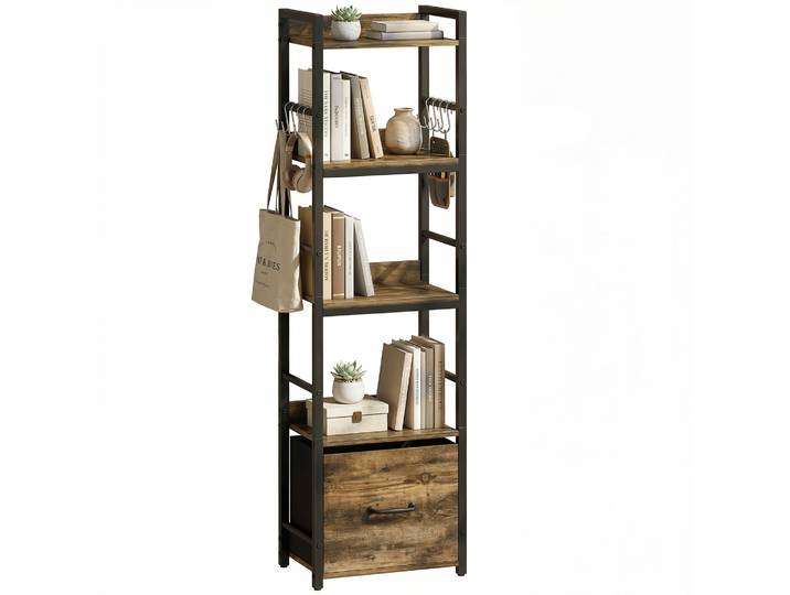 Bibliothèque - Homcom - 4 Niveaux Et Tiroir - 8 Crochets - Cadre En Métal - 39x26x136\,5cm - Brun Rustique