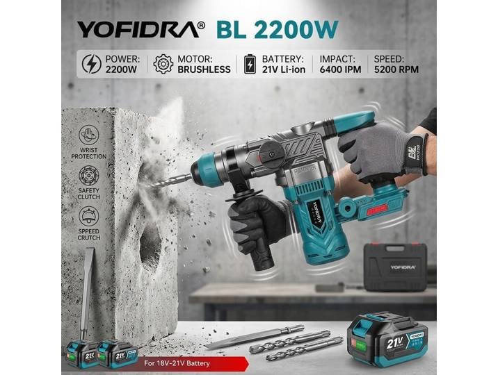 Marteau perforateur électrique sans balais 2200W, perceuse à percussion 26MM, tournevis multifonction, outil rotatif pour batterie Makita