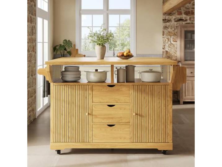 DUlVBPE Servierwagen mit ausklappbaren Tischverlängerungen, 95 cm ergonomische Höhe, Küchenwagen mit Schubladen, mobiler Küchentisch, Arbeitsplatte, mit feststellbaren Rollen, Naturbraun