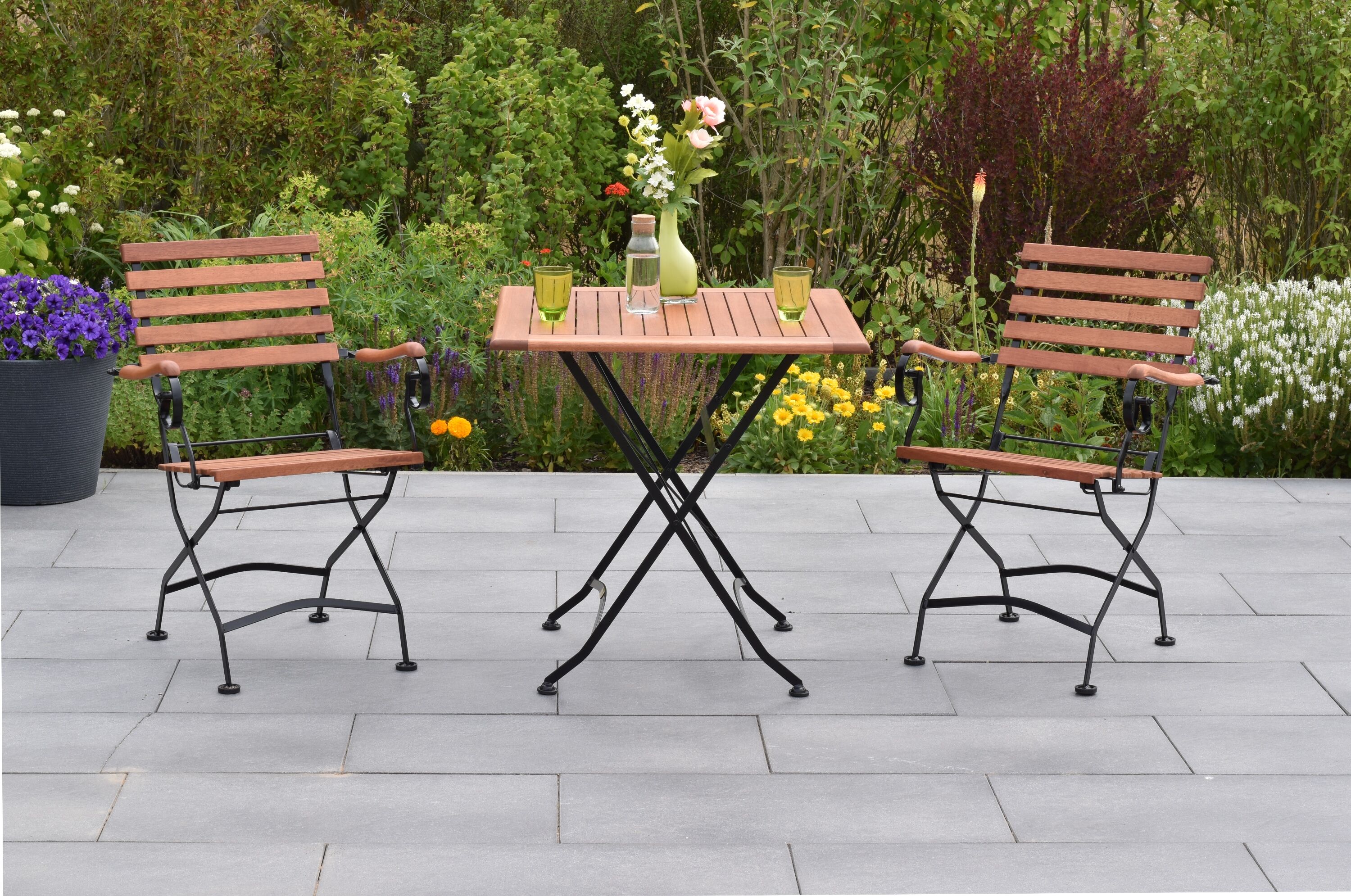 Garten-Essgruppe MERXX "»Schlossgarten«", beige (natur, natur, schwarz), Massivholz, Stahl, Sitzmöbel-Sets, Garten-Essgruppe, Tisch klappbar: LxB: 75x75 cm natur, natur, schwarz Einheitsgröße
