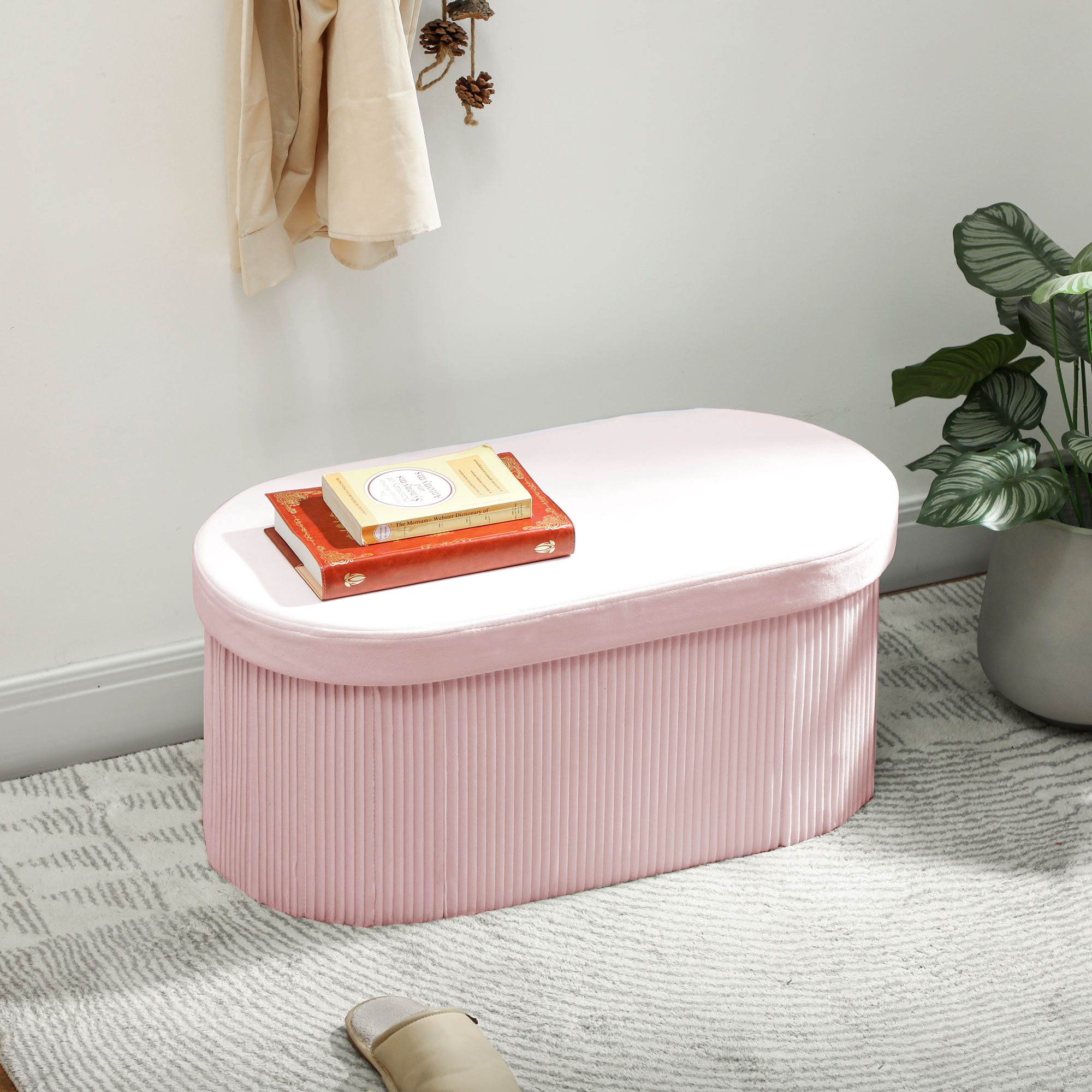 Homcom Pouf Contenitore Pieghevole con Vano da 72L e Rivestimento in Velluto, 76x38x35 cm, Rosa   Aosom Italy