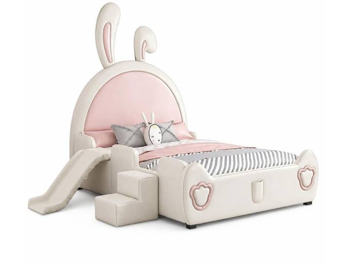 Xlmoebel Kinderbett Rosa Mädchenbett mit Häschen-Motiv, Rutsche und Treppe, Made in Europa
