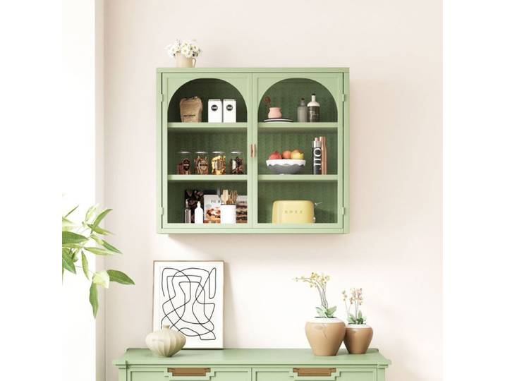 Vitrine murale - WESTYLE - 70x23x60 cm - 2 portes - 3 niveaux avec étagère amovible - Métal & verre trempé vert