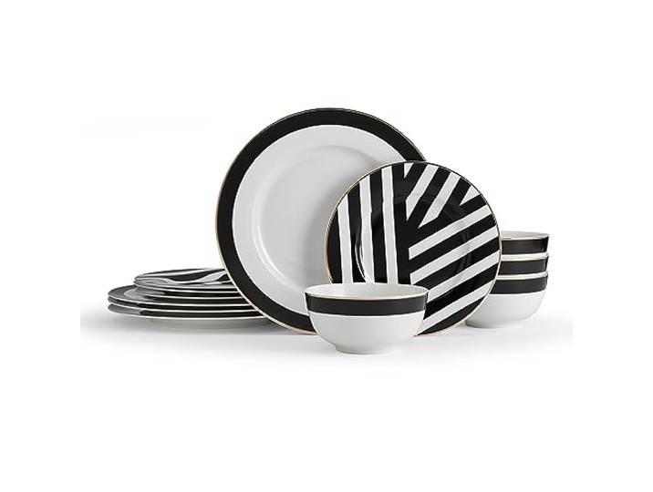 Mikasa Luxe Deco 12-teiliges Porzellanservice, Tafelservice für 4 Personen mit geometrischem Druck 4x Speiseteller, 4x Beilagenteller & 4x Schalen - spülmaschinenfest