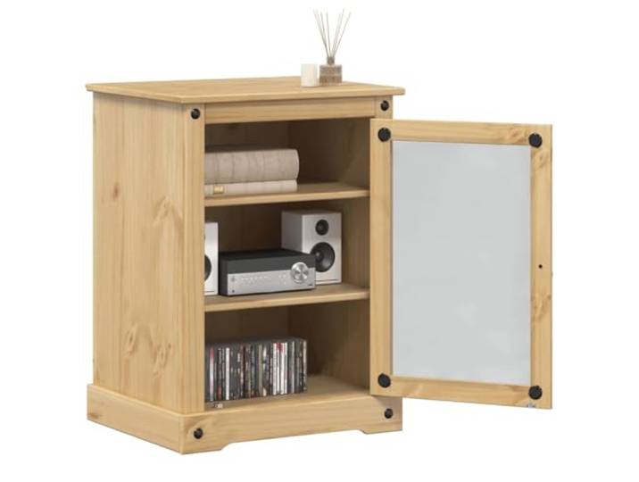 HEFZGDB Medienschrank Corona 60x50x82 cm Massivholz Kiefer mit 3 Ablagen und Glastür – Stauraum für Bücher und Audio-Video Geräte – Massiver Kiefernholz Schrank mit Metallgriff