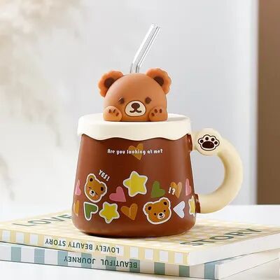 Perfect Picks Market Creative Bear Ceramic Mug With Lid & Straw   Large Capacity Coffee Cup For Breakfast & Milk brown