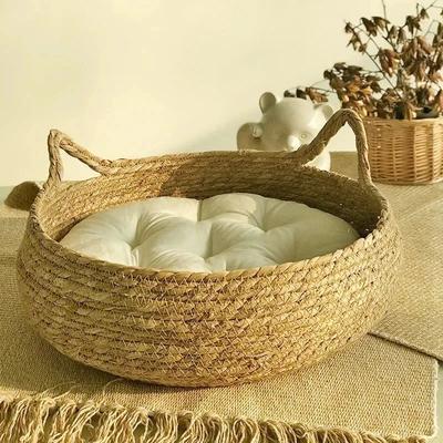 Uplift Treasures Hand Woven Rattan Cat Nest Bed basket And Cushion 15.75 In