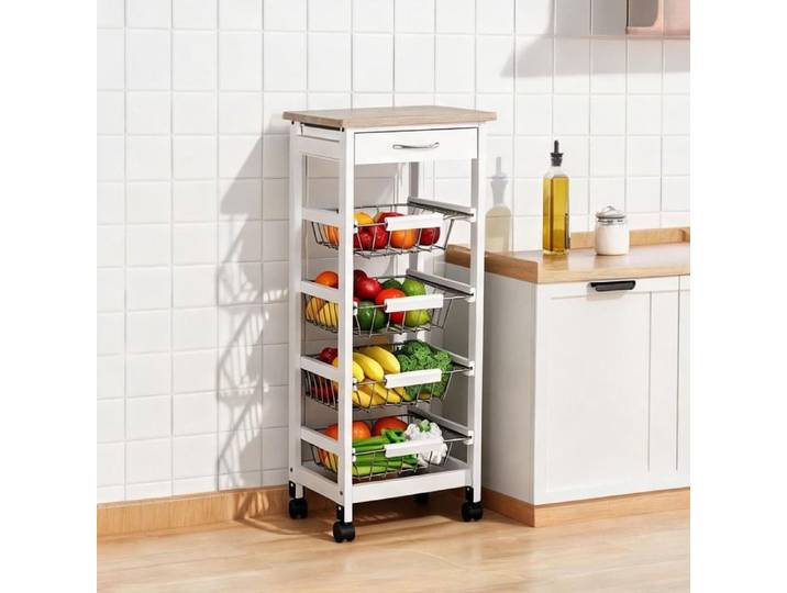 Desserte à roulettes 37x37x82 cm blanche – 4 paniers métal + tiroir bois de pin