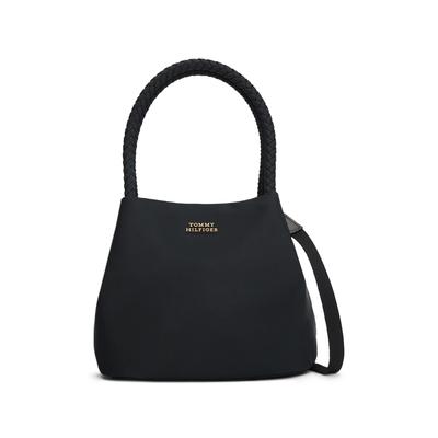 Handtasche TOMMY HILFIGER "TH MARINA BUCKET NYLON", Damen, Gr. B/H/T: 21cm x 13cm x 17cm, schwarz, Leder, Textil, Taschen Handtasche, Damen Tragetasche, Umhängetasche, Schultertasche mit Logoschriftzug