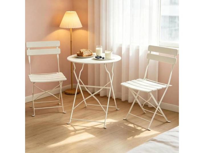 COVREO Ensemble table ronde et 2 chaises de jardin pliantes en métal crème