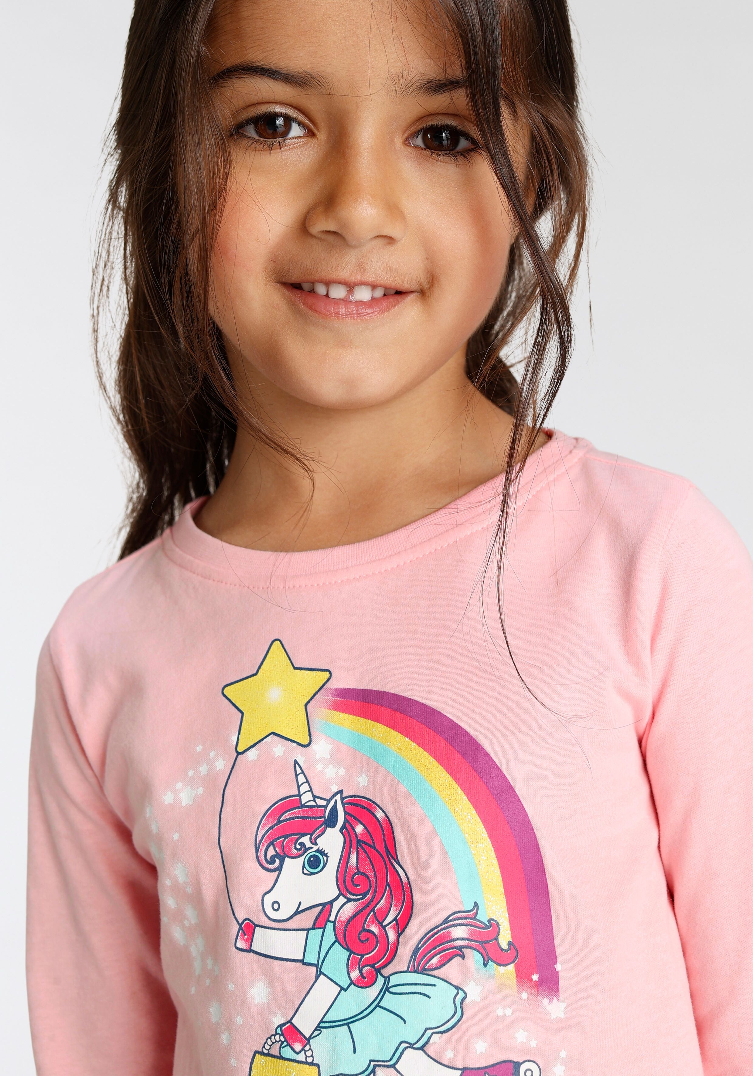 Langarmshirt KIDSWORLD "Einhorn auf Rollschuhen", Mädchen, Gr. 128/134, rosa, Single Jersey, Obermaterial: 100% Baumwolle, bedruckt, Basic, Rundhals, abgesteppte Kante, Shirts Langarmshirt, Langarm, Basic-Passform, mit stylischem Druck und Glitzerdruck ro