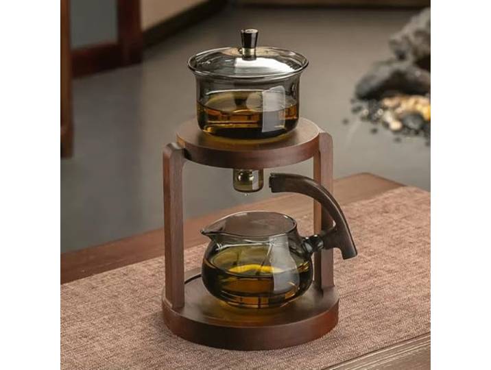 YoeEoay Hochwertig Lazy Tea Set Vintage Teekanne Holzsockel Hitzebeständiges Glas - Teeset, Magnetische Wasserumleitung, Halbautomatisches Teeset Ideal Für Grüntee, Kräutertee Und Tee (Durchscheinend)