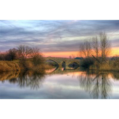 Fototapete PAPERMOON "STEIN-BRÜCKE-FLUSS SEE STRAND SONNE WALD BÄUME NATUR", bunt, B:4m L:2,6m, Vlies, Tapeten