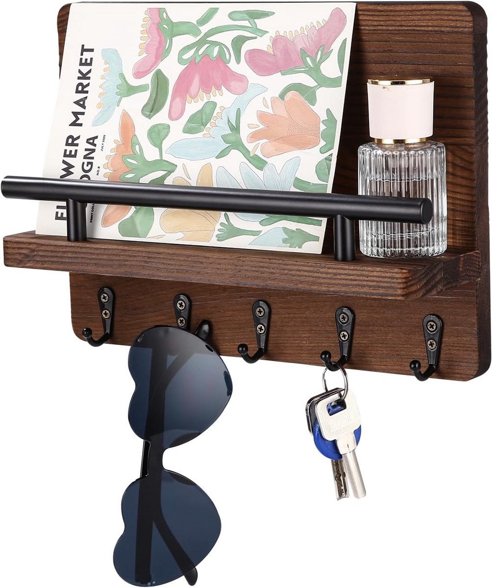 Sleutelrek en Briefhouder van Hout met 5 Haken - Wandrek Organizer voor Sleutels en Post