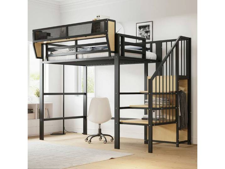 Lit mezzanine - LANGTU - 90x200 cm - métal - étagère réglable - échelle de sécurité