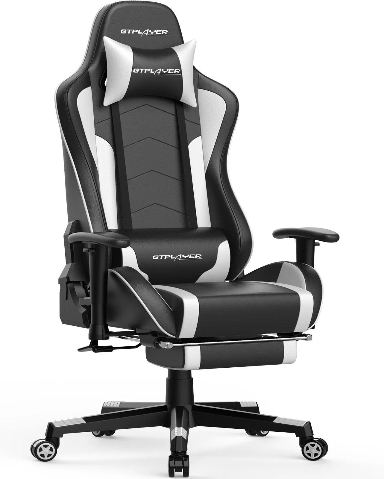 Gamingstuhl - Bürostuhl - Bluetooth-Lautsprecher - Ausziehbare Fußstütze - Höhenverstellbar - 360° drehbar mit Rollen - Leder - 150 kg - Schwarz-Weiß