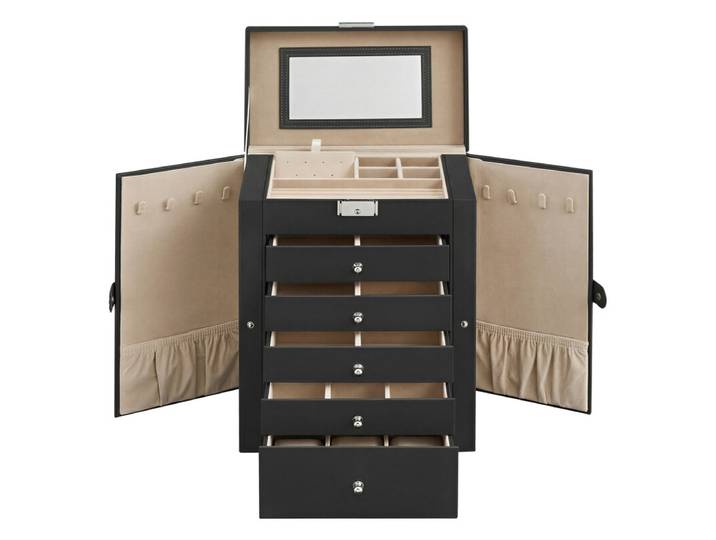 JOYFURNOS Boîte à bijoux à 6 niveaux, Boîte à bijoux avec 5 tiroirs, Grande capacité de rangement, avec miroir, Verrouillable, Organisateur de rangement pour bijoux, Cadeau pour les proches, pour montres, Noir