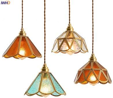 Quick Pick Pro IWHD Japanese Style Vintage Pendant Lamp, Slag Glass & Polished Copper LED Hanglamp For Bedroom, Bar, Cafe 6 4w
