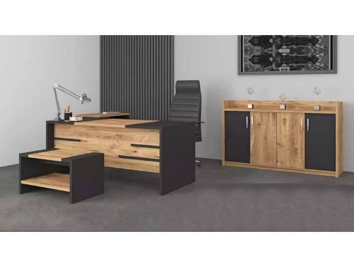 JVmoebel Büromöbel-Set Modernes Büromöbel Set aus Holz in Braun und Schwarz mit Stauraum, (4-tlg., Schreibtisch, Couchtisch, Beistelltisch, Schrank), Made in Europa