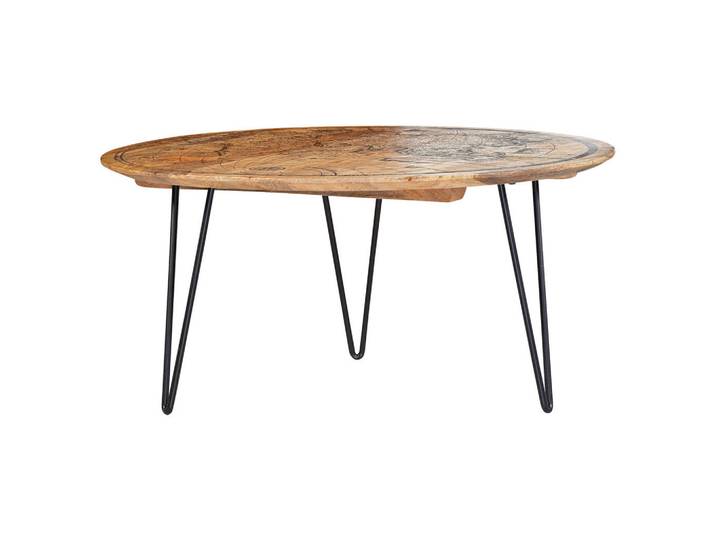 Carryhome Couchtisch, Braun, Holz, Mangoholz, massiv, rund, Rundrohr, 90x44x90 cm, Holzmöbel, Holztische, Couchtische Holz