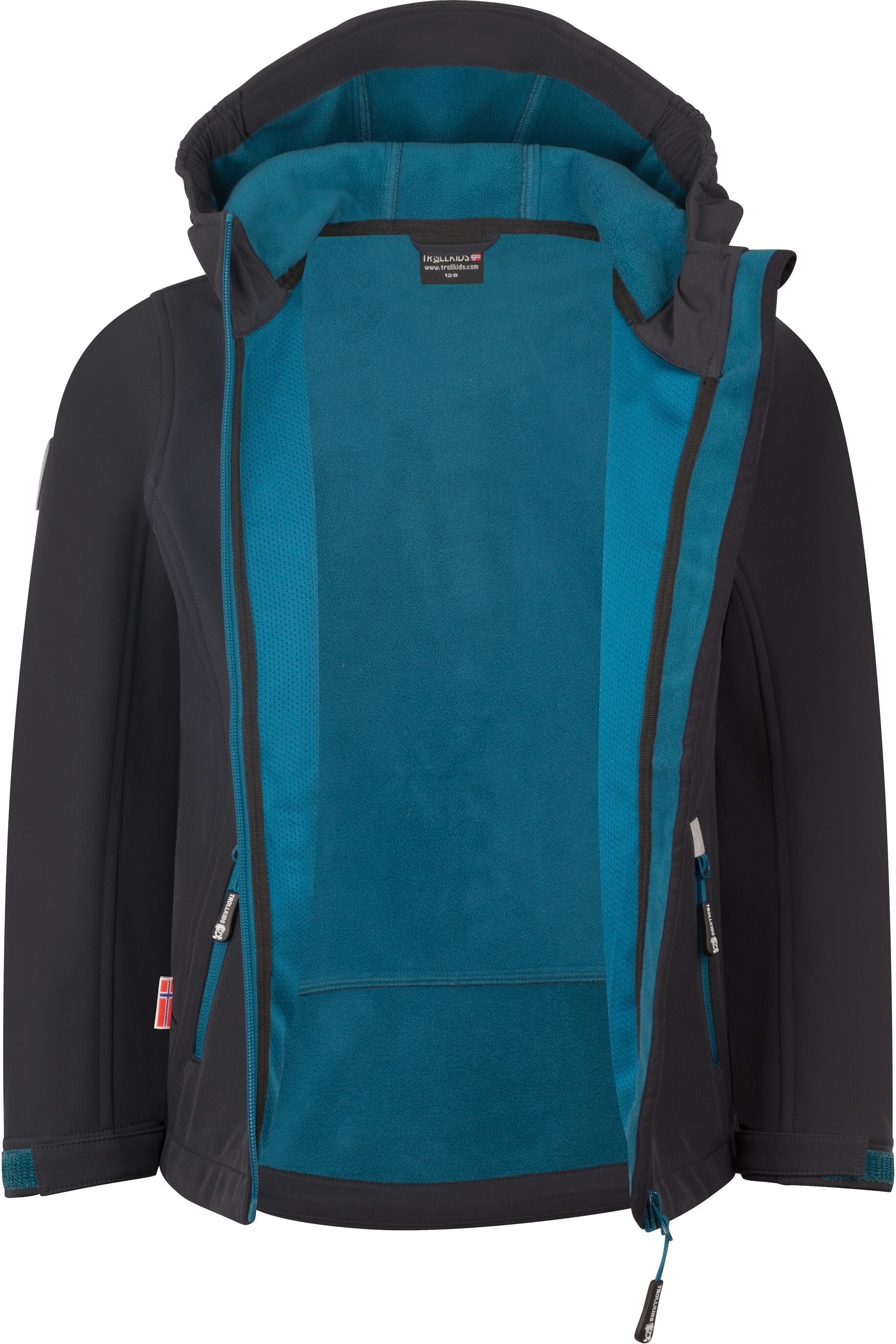 Softshelljacke TROLLKIDS "Kids Trollfjord Jacket", Kinder, Gr. 176, schwarz (schwarz, petrol), Obermaterial: 94% Polyester, 6% Elasthan, normal, Jacken Softshelljacke, Langarm-Design, mit Reissverschluss, wärmeisolierend schwarz, petrol 176